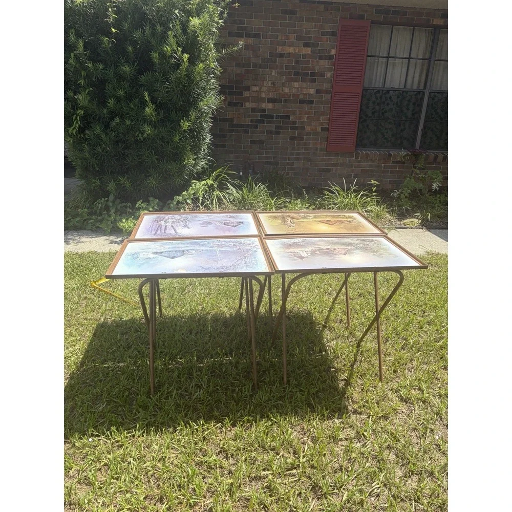 Vintage Set of 4 Andres Orpinas Folding TV Tray Tables Barn Farm Rustic Cabin